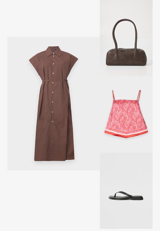 Raudonas satino kamšilė su paisley raštu, turinti plonas petnešas ir vientisą raudoną apvadu, glotnus paviršius ir dekoratyvūs akcentai.; Ruda mygtukinė suknelė su apykakle, trumpomis rankovėmis, diržo užrišimu talijoje ir ilgu, plazdžiu dizainu. Lygi medvilninė medžiaga.; Juodos šlepetės, pagamintos iš lygios odos, su plona dirželių konstrukcija ir plokščiu padu, turinčiu minimalų profilį. Be pastebimų raštų ar akcentų.; Ruda odinė rankinė su dviem tvirtais rankenėlėmis, stačiakampio formos, lygi tekstūra ir užtrauktuku. Minimalistinis dizainas be matomų raštų.