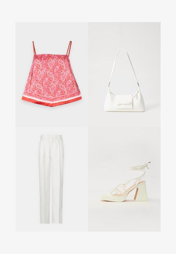 Crvena satenasta camisol s uzorkom paisley, s tankim naramenicama i čvrstim crvenim rubom, glatke teksture i dekorativnim detaljima.; Bijele hlače s prugicama ravnog kroja, izrađene od laganog materijala. Imaju nabore sprijeda i tradicionalni pojas.; Bijela sandala na visokoj potpetici s debelim petom, s remenom i vezanjem oko gležnja. Glatka tekstura s platformom sprijeda za dodatnu visinu.; Bijela sintetička torbica s trokutastim oblikom, ravnim prednjim poklopcem i detaljem u obliku mašne, podesivom remenom, glatkom teksturom i minimalističkim dizajnom.