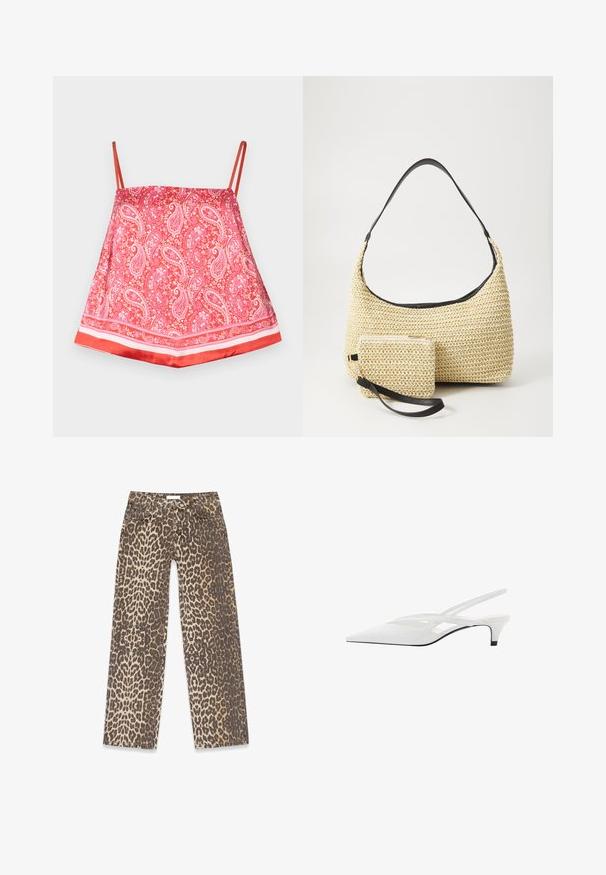 Camisola di raso rosso con motivo paisley, dotata di spalline sottili e orlo rosso uniforme, texture liscia e dettagli decorativi.; Jeans in denim con stampa leopardata, caratterizzati da una palette di colori neutri beige e marrone, design a gamba dritta e dettagli tradizionali delle tasche.; Décolleté bianco con punta affilata, caratterizzato da una tomaia liscia, sottili aperture e un tacco a blocco basso. La suola nera esalta il design.; Borsa in paglia intrecciata con silhouette curva, dotata di una tracolla in pelle nera liscia e di una piccola pochette abbinata, attaccata da un cinturino da polso.