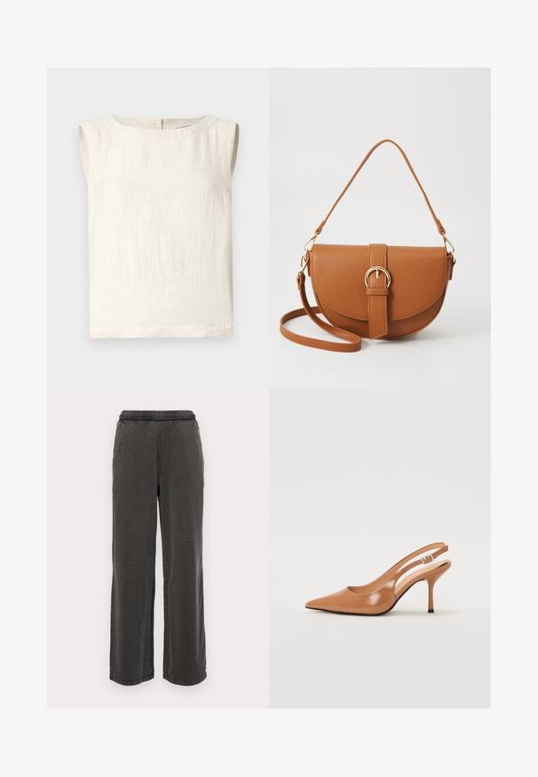Top ivory fără mâneci, confecționat dintr-un material ușor, având un decolteu rotund, o textură subtilă și un tiv drept. Fără închideri vizibile.; Pantaloni largi de culoare gri închis, confecționați dintr-un material moale, cu un brâu elastic, având două buzunare laterale și tivuri drepte. Fără modele vizibile.; Pantofii cu toc slingback, cu vârful ascuțit, dintr-un material tan neted și strălucitor. Prezintă un design cu decupaj curbat și un toc subțire stil stiletto. Detaliu cu cataramă argintie.; Geantă din piele maro, tip crossbody, cu o formă curbată, accesorii aurii și un accent cu cataramă. Dispune de un curea de umăr detașabilă.