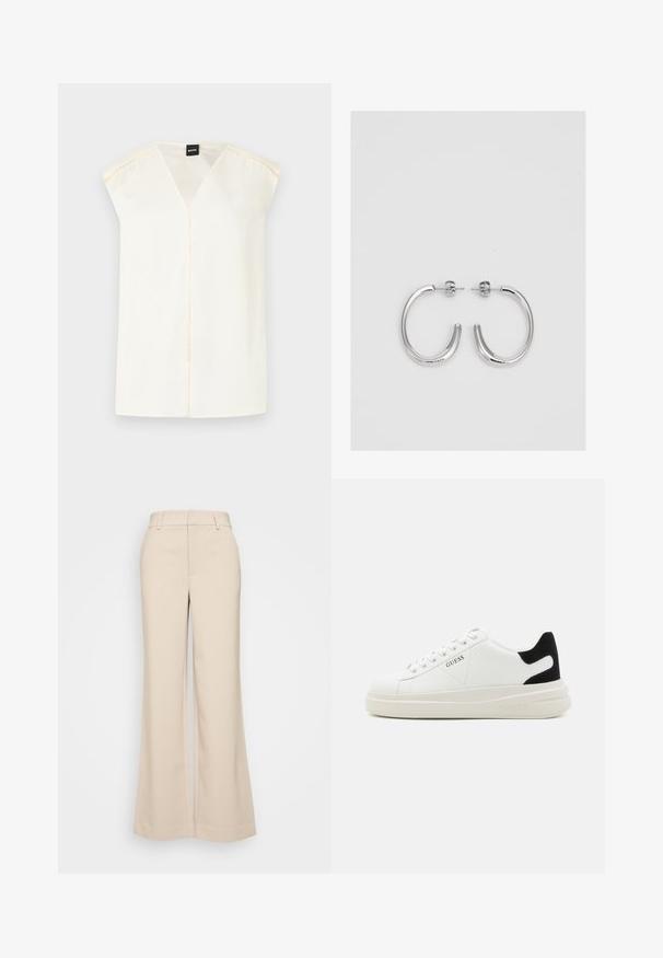 Kreminė V formos palaidinė su trumpomis rankovėmis, pagaminta iš lygaus audinio. Su centriniu siūlu ir subtiliu siuvinėjimu palei pečių siūles.; Bežiniai plačios kojos kelnes su lygiu paviršiumi, turinčios aukštą liemenį ir dvi priekinės kišenes. Švarus dizainas su pritaikytu siluetu.; Baltos odinės sportbačiai su storu baltu padu, juodu nubuko kulno akcentu ir iškilmingu logotipu šone. Su raišteliais, turinčiais šešis akinius.; Sidabrinės auskarai žiedai su lygiu, blizgiu paviršiumi. Suapvalinta forma, lengvas dizainas, su uždarymu ant smeigtuko.