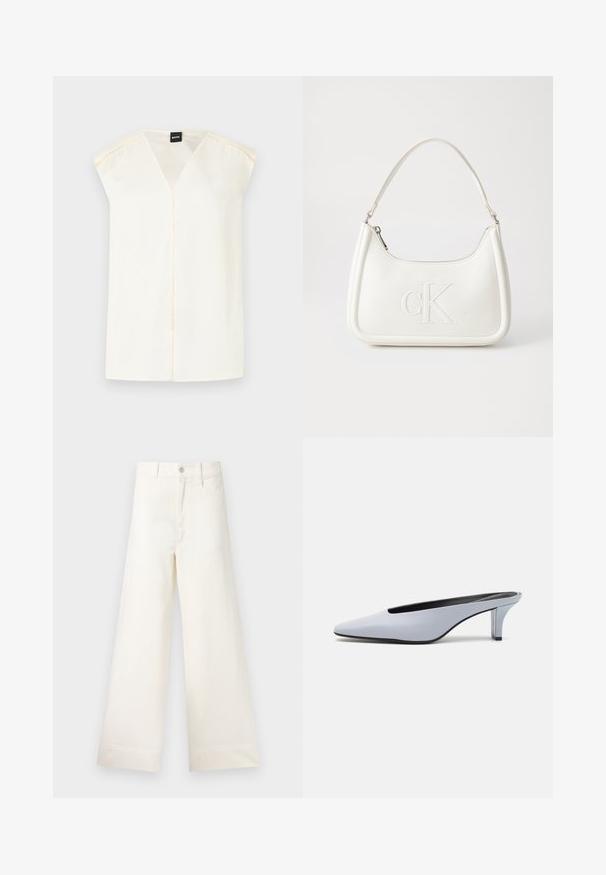 Cream V-neck top with cap sleeves, made of smooth fabric. Features a center seam and delicate stitching detail along the shoulder seams.; Wide-leg trousers in light beige cotton. Features a high waist, front pockets, and a straight cut. Clean hem finishing without patterns.; Light blue patent leather mule with a pointed toe, low transparent heel, and a sleek design featuring a cut-out at the vamp.; White leather handbag with a curved shape, featuring an embossed "CK" logo on the front and a single shoulder strap. Zipper closure at top.