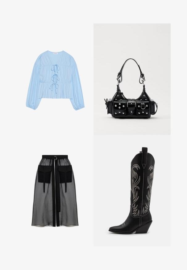 Blusa de manga larga azul claro hecha de una tela suave, con escote en V, detalles de cordón y cintura fruncida para un ajuste relajado.; Falda negra transparente con una cinturilla fruncida, que presenta dos grandes bolsillos frontales, un lazo en la cintura y un acento metálico circular.; Botas de cowboy de cuero negro con puntas afiladas, tacones cuña y patrones florales bordados en plata a lo largo del caña. Costuras en contraste por toda la bota.; Bolso de mano de cuero negro con un diseño curvado, que cuenta con tachuelas plateadas, una hebilla y dos bolsillos laterales. Correa ajustable para opciones de transporte.