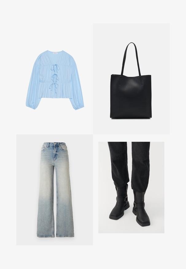 Svetlo modra bluza z dolgimi rokavi, izdelana iz mehkega blaga, z V-izrezom, detajli z vrvico in nabranim pasom za sproščen kroj.; Svijetloplave široke traperice s visokim strukom, koje imaju pet džepova i vidljivo šivanje uz šavove.; Črne usnjene gležnjarje s kvadratnim nosom, ki vsebujejo širok trak in podrobnost z metalno zaponko. Gležnjarji imajo debelo podplat in gladko teksturo.; Črna usnjena torba s svilnato teksturo, pravokotne oblike in dvema dolgima ročajema. Brez vidnih metalnih delov ali okrasnih elementov.