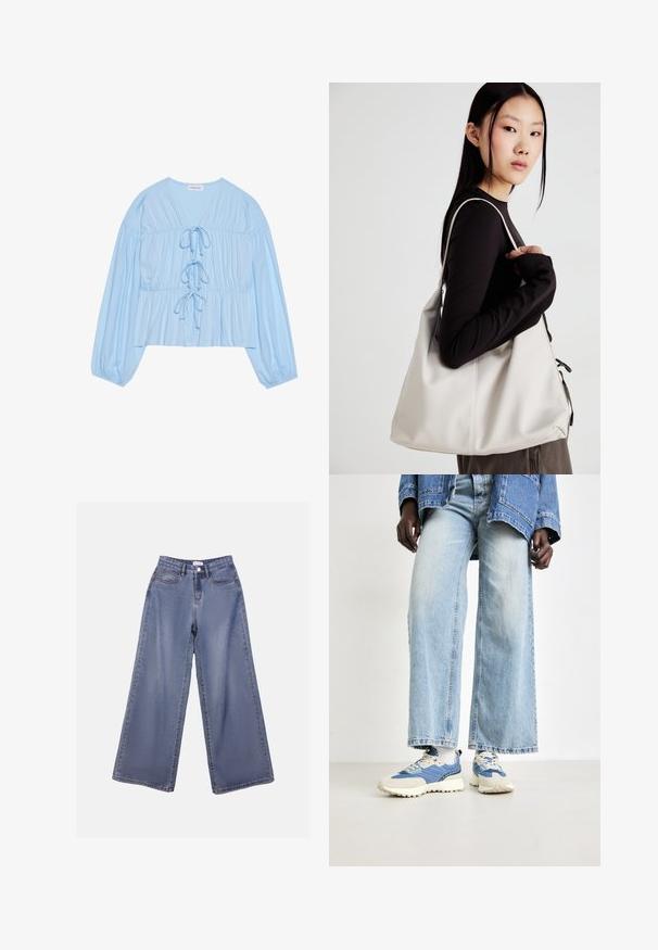 Hellbluse mit langen Ärmeln aus weichem Stoff, ausgestattet mit einem V-Ausschnitt, Kordelzugdetails und gerafftem Taillenbereich für eine lässige Passform.; Weite Denim-Jeans in einer hellblauen Wäsche, mit hoher Taille, Fronttaschen und einem Knopfverschluss mit Gürtelschlaufen.; Blaue Denim-Hose mit weitem Bein, kombiniert mit blauen und cremefarbenen Sneakers aus strukturiertem Stoff und mit Schnürsenkeln, vor einem neutralen Hintergrund.; Beige Handtasche aus weichem Material, mit einem lässigen Design, gesteppten Details und zwei Schulterriemen. Geeignet für den täglichen Gebrauch.