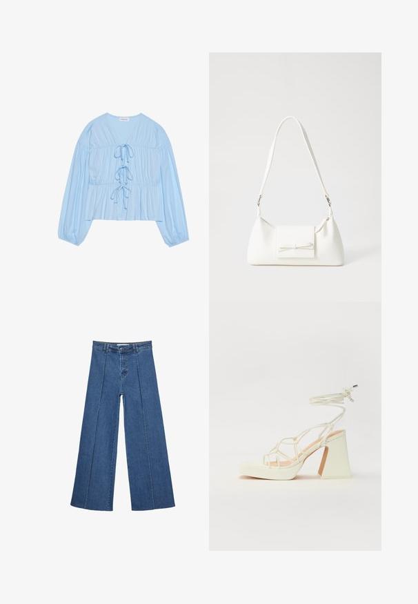 Světle modrá dlouhá halenka s dlouhými rukávy, vyrobená z měkké látky, s výstřihem do V, detailem se stahovací šňůrkou a nařaseným pasem pro uvolněný střih.; Džíny s širokými nohavicemi v středně modré barvě, se zvýšeným pasem, knoflíkovým zapínáním a kontrastními vertikálními švy vpředu.; Bílé sandály na vysokém podpatku s robustním podpatkem, s designem s pásky a zavazováním kolem kotníku. Hladký povrch s platformou vpředu pro zvýšení výšky.; Bílá syntetická kabelka v trojúhelníkovém tvaru, s plochým předním klopným víkem a detailem mašle, nastavitelným popruhem, hladkým povrchem a minimalistickým designem.