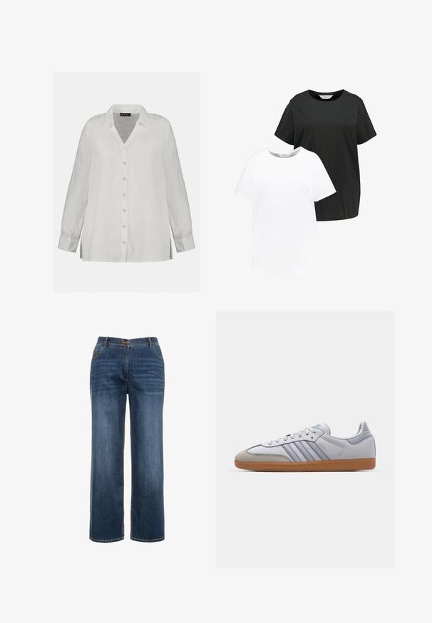 Witte linnen overhemd met knopen, voorzien van een V-hals, lange mouwen en een relaxte pasvorm met zijspleten. Glad textuur en klassiek ontwerp.; Twee crew-neck t-shirts in zwart en wit. Korte mouwen, gemaakt van zachte katoenstof, rechte snit met een relaxte pasvorm.; Donkerblauwe denim jeans met een recht gesneden design, voorzakken, een ritssluiting en zichtbare contrasterende stiksels.; Witte leren sneakers met lichtblauwe accenten, grijs suède neus en een bruine rubberen zool. Voorzien van drie blauwe strepen en "Samba"-branding.