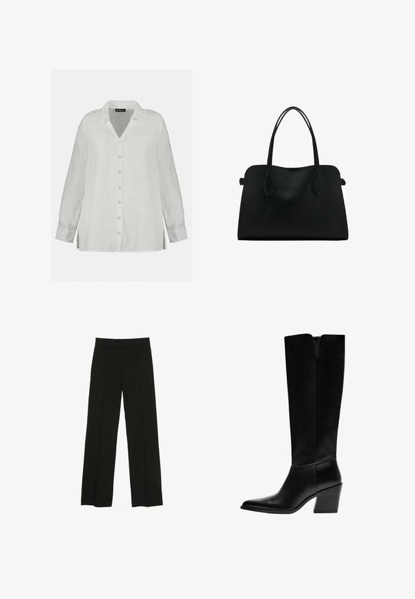 Witte linnen overhemd met knopen, voorzien van een V-hals, lange mouwen en een relaxte pasvorm met zijspleten. Glad textuur en klassiek ontwerp.; Zwarte wijde pantalon gemaakt van een soepele stof, met een aansluitende tailleband en subtiele plooien aan de voorkant voor extra textuur.; Zwarte laarzen tot de knie van soepel leer, met een puntige neus, een blokhak en een V-vormige uitsparing aan de bovenkant.; Zwarte leren handtas met dubbele schouderriemen, rechthoekige vorm en minimalistisch ontwerp op een witte achtergrond.