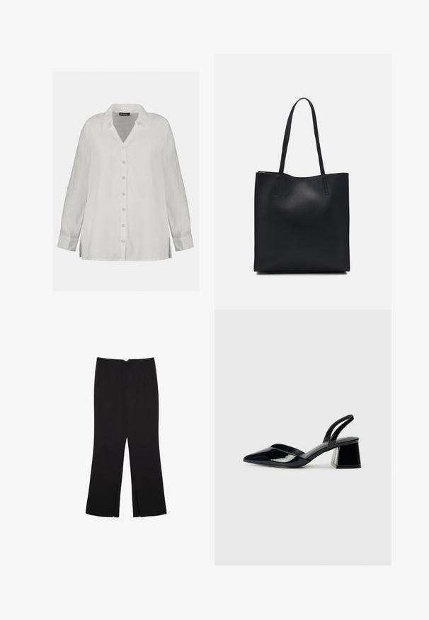 White linen button-up shirt, featuring a V-neckline, long sleeves, and a relaxed fit with side slits. Smooth texture and classic design.; Black trousers with a straight fit, featuring front pockets and side slits at the hem. Made of soft, smooth fabric. Suitable for various occasions.; Black patent leather slingback heels with a pointed toe and a geometric block heel. Features a sleek, minimal design and smooth texture.; Black leather tote bag with smooth texture, rectangular shape, and two long handles. No visible hardware or embellishments.