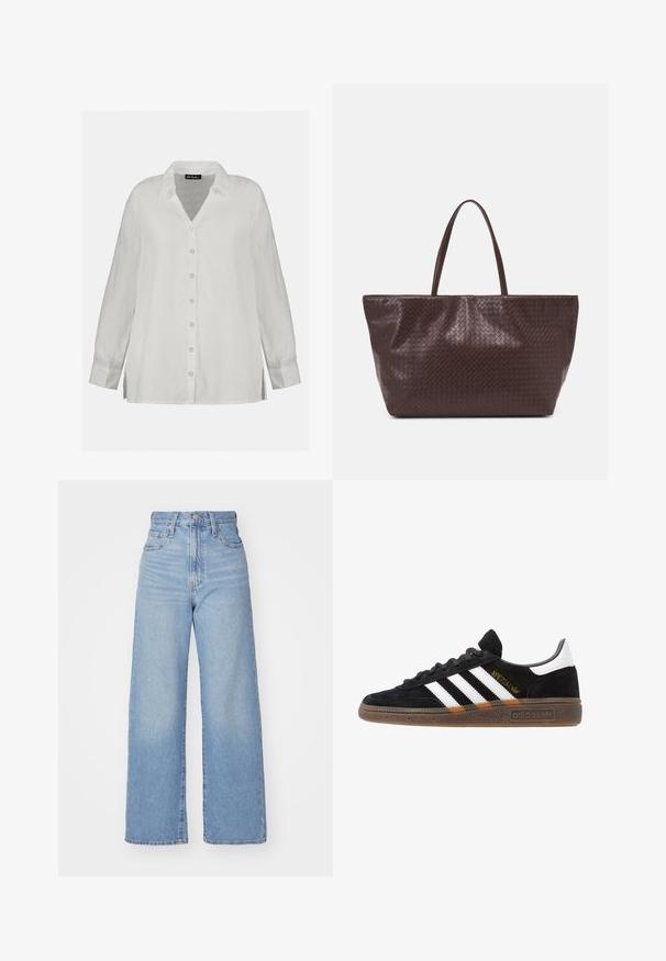 White linen button-up shirt, featuring a V-neckline, long sleeves, and a relaxed fit with side slits. Smooth texture and classic design.; Light blue high-waist wide-leg jeans with front button and zip closure, front and back pockets, on a white background.; Black Adidas sneaker with white stripes, gold "Spezial" text, gum sole, and white heel tab, shown in profile view.; Brown woven leather tote bag with two handles, a structured shape, and a textured surface, featuring a diamond pattern throughout.