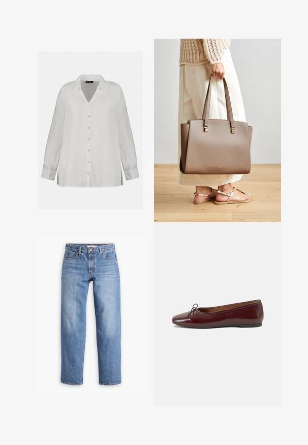 Valkoinen pellavapaita nappikiinnityksellä, jossa on V-pääntie, pitkät hihat ja rento istuvuus kyljissä olevilla halkioilla. Silkkinen pinta ja klassinen muotoilu.; Vaaleansiniset farkut, joissa on suora lahje, viisi taskua ja vetoketjukiinnitys. Kangas on klassisen tekstuurinen ja siinä on lievää kulutusta.; Burgundin värinen lakattu nahkainen ballerinatossu pyöreällä varvaskärjellä, pienen nauhan yksityiskohdalla edessä ja matalalla mustalla kumipohjalla. Sujuva pinta.; Ruskea synteettinen käsilaukku, jossa on kaksi pitkää kahvaa, neliömäiset metallikoristeet ja hillitty logo. Yhdistetty vaalean kermaiseen hameeseen ja sandaaleihin.