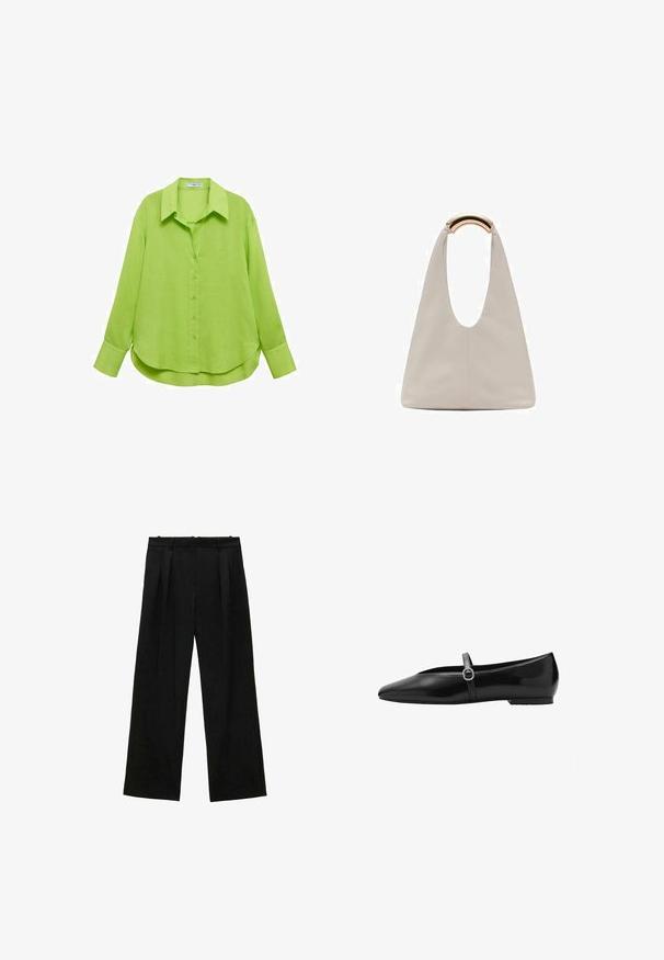 Mango Button-down blouse - green; Black wide-leg trousers with pleats, featuring a smooth texture and a high waist design. Minimalist style, no visible hardware or embellishments.; Black leather ballet flats with a pointed toe, featuring a thin strap with a decorative buckle detail and a low flat sole.; Light gray leather bag with a U-shaped design and a curved metallic handle. Smooth texture with minimal stitching and no visible patterns.