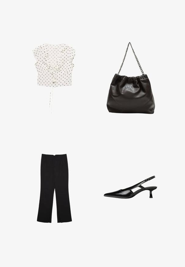 Blusa bianca con pois neri, maniche corte a sbuffo, dettaglio arricciato sul davanti e orlo con cordino per una vestibilità regolabile.; Pantaloni neri a gamba dritta, con tasche frontali e spacchi laterali all'orlo. Realizzati in tessuto morbido e liscio. Adatti a diverse occasioni.; Tacchi slingback in pelle verniciata nera con punta affusolata, design con tagli laterali e tacco quadrato piccolo. Texture liscia con dettagli minimi.; Borsa in pelle marrone con parte superiore arricciata e tracolla a catena. Texture liscia con finitura lucida e dettagli di cucitura sottili sui lati.