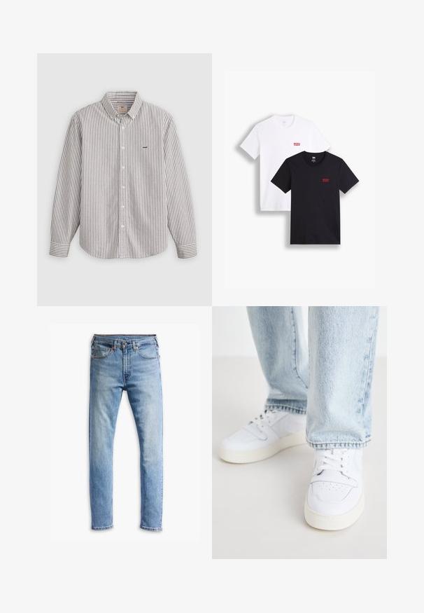 Gestreifte langärmlige Hemd in Hellgrau und Weiß, aus Baumwollmaterial, mit Knopfkragen, versehen mit einem gestickten Logo auf der Brust.; Zwei kurzärmlige T-Shirts: eines in Weiß und eines in Schwarz. Beide aus Baumwolle mit einem roten Levi's-Logo auf der Brust. Einfaches Rundhals-Design.; Hellblaue Jeans aus Denim mit geradem Schnitt, fünf Taschen, Knopfverschluss und subtiler Ausbleichung über den Stoff.; Weiße Leder-Low-Top-Sneaker mit perforierter Zehenpartie, flachen Schnürsenkeln und minimalistischem Design. Kombiniert mit hellblauen Jeans.