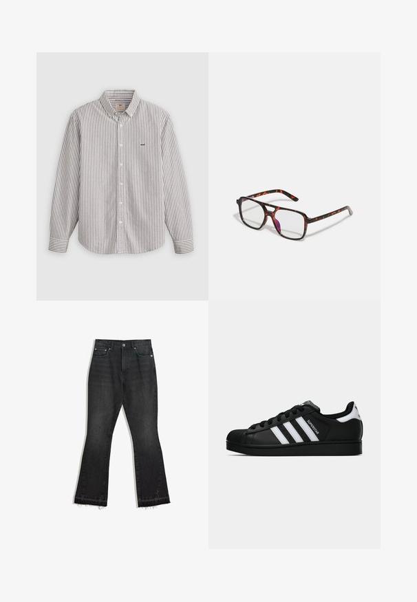 Gestreepte langwerpige shirt met lange mouwen in lichtgrijs en wit, van katoen, met een knoopsluiting op de kraag, met een geborduurd logo op de borst.; Zwarte denim flared jeans met een rafelige zoom, vijf-pocketontwerp en een knoopsluiting. Glad materiaal, stof met een gemiddeld gewicht.; Zwarte Adidas Superstar sneaker met witte strepen, schelpneus en 'Superstar' tekst aan de zijkant, afgebeeld in zijaanzicht op een witte achtergrond.; Schildpaddenpatroon bril met rechthoekige glazen, zwarte en oranje montuur, met een glanzende afwerking en slanke pootjes.