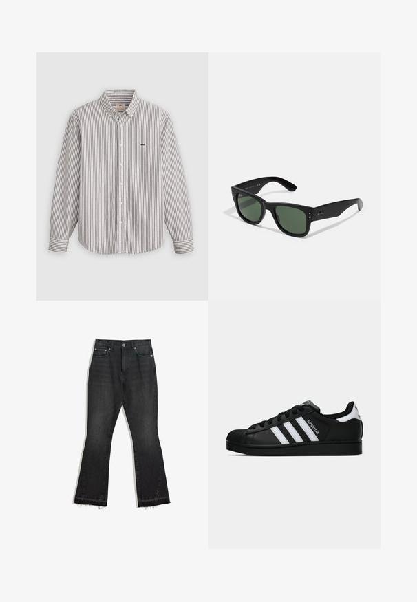 Csíkos, hosszú ujjú ing világosszürke és fehér színben, pamut anyagból készült, gombos gallérral, amelyen hímzett logó található a mellkasán.; Fekete farmer bővülő nadrág, szaggatott szegéllyel, öt zsebes kialakítással és gombos záródással. Simaszerű textura, közepes súlyú anyag.; Fekete Adidas Superstar sportcipő fehér csíkokkal, kagyló orral és "Superstar" felirattal az oldalán, oldalról bemutatva, fehér háttér előtt.; Fekete téglalap alakú napszemüveg zöld lencsékkel, matt felülettel, diszkrét fém részletekkel és dombornyomott logóval a halántékon.