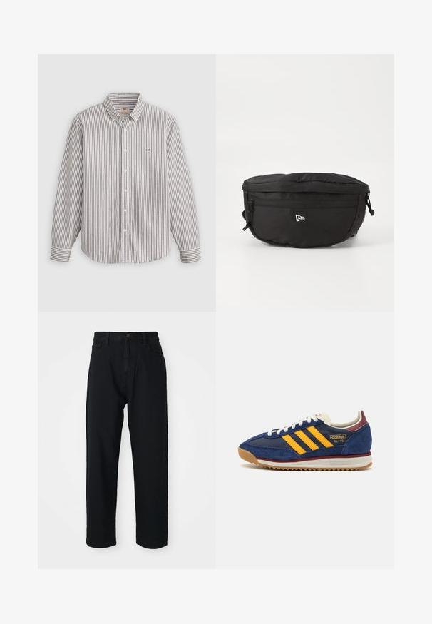 Chemise à manches longues rayée en gris clair et blanc, en coton, à col boutonné, avec un logo brodé sur la poitrine.; Pantalons en denim noir avec une coupe droite. Comprend un design classique à cinq poches, une fermeture à bouton et une texture de tissu subtile.; Basket en velours marine avec des rayures jaunes, des lacets blancs et des accents bordeaux. Semelle texturée avec des rainures pour une adhérence optimale. Logo de la marque sur le côté.; Sac banane noir en nylon ; doté d'une poche zippée à l'avant, d'une sangle ajustable et d'une patch logo. Forme arrondie avec une texture lisse.