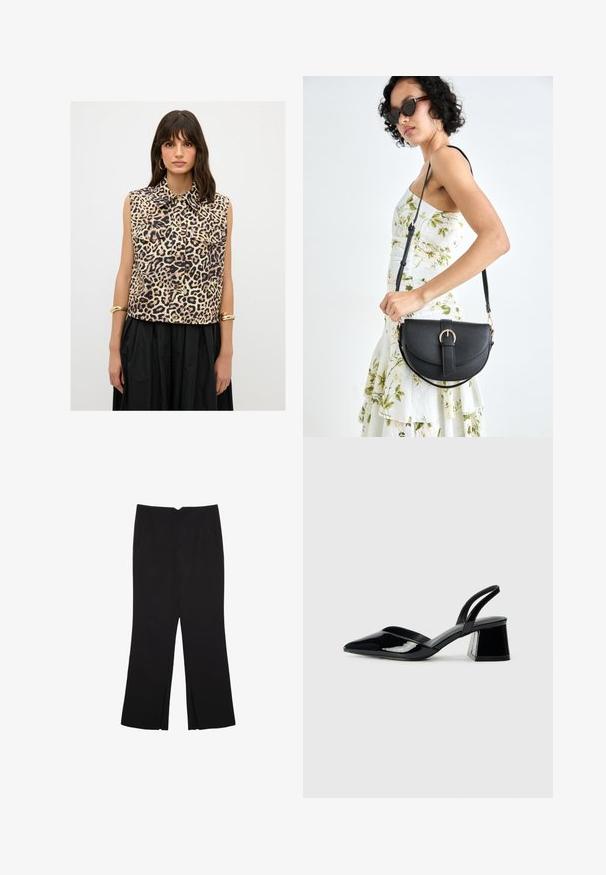 Leopardprint ærmeløs skjorte med krave, forlommer og guldknapper, lavet af et let materiale.; Sorte bukser med lige pasform, der har frontlommer og slidser i kanten. Lavet af blødt, glat stof. Velegnet til forskellige anledninger.; Sorte patentlæder slingback hæle med spids tå og en geometrisk blok hæl. Har et elegant, minimalistisk design og en glat tekstur.; Sort læderhåndtaske med en buet form, aftagelig rem og guldfinish. Tasken har en klap med en spænde detalje.