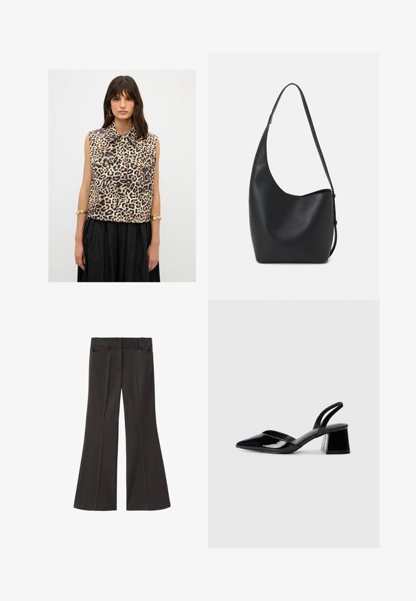 Ärmelloses Hemd mit Leopardenmuster, Kragen, Brusttaschen und goldenen Knöpfen, aus leichtem Stoff hergestellt.; Schwarze, weit geschnittene Hosen mit hoher Taille; verfügt über zwei Fronttaschen und eine glatte Stoffoberfläche. Geeignet für verschiedene Anlässe.; Schwarze Lackleder-Slingback-High Heels mit spitzem Schuh und einem geometrischen Blockabsatz. Verfügt über ein schlankes, minimalistisches Design und eine glatte Textur.; Schwarze Leder-Hobo-Tasche mit einer glatten Textur, geschwungener Form und einem einzelnen verstellbaren Tragegurt; verfügt über eine weite Öffnung am oberen Ende.