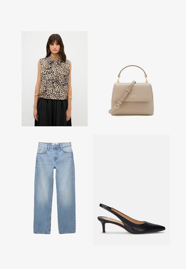 Leopard print sleeveless shirt with a collared neckline, front pockets, and gold buttons, made from a lightweight fabric.; Light blue denim jeans with a straight-leg design, five-pocket style, and visible stitching details. The fabric has a soft, slightly faded texture.; Black leather slingback pump with a pointed toe, low kitten heel, and smooth texture. Features an open back design and minimal stitching details.; Isabel Bernard Femme Forte Heline - Handbag - taupe