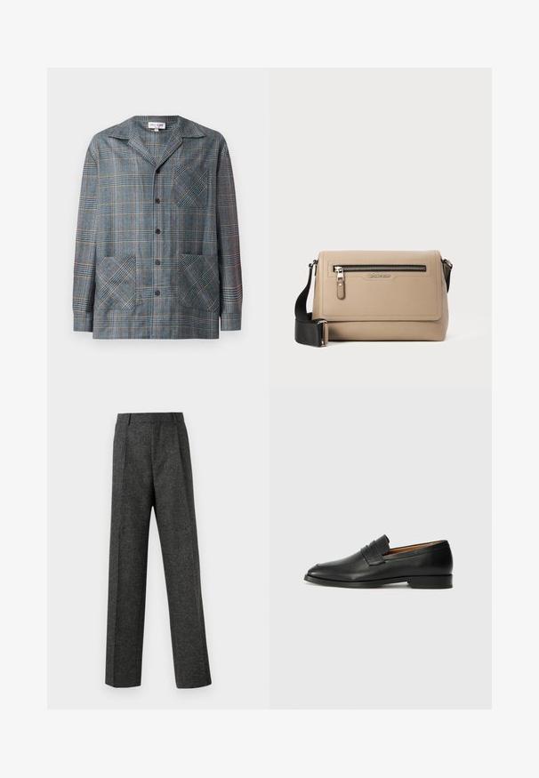 Kék, szürke és narancssárga kockás dzseki. Simaságának köszönhetően kellemes tapintású anyagból készült. Gallérral, elől gombokkal és két nagy zsebből áll.; Szürke, texturált anyagból készült, szabott nadrág, két elülső pliszével és egyenes lábbal. Nincsenek látható zsebek vagy díszítések.; Fekete bőr mokaszin, kerek orral, diszkrét varrásokkal és alacsony sarokkal, sima felülettel és minimalista dizájnnal.; Beige bőr keresztpántos táska struktúrált felülettel, elülső cipzáras zsebbel és állítható fekete pánttal. A logó az elülső részen látható.