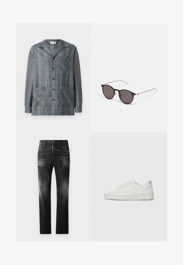 Karierte Jacke in Blau, Grau und Orange. Aus einem Stoff mit glatter Textur gefertigt. Verfügt über einen Kragen, Frontknöpfe und zwei große aufgesetzte Taschen.; Schwarze Jeans aus Denim mit geradem Schnitt. Verfügt über ausgebleichte Bereiche, leichte Abnutzung, klassisches Fünf-Taschen-Design und einen Knopfverschluss.; Weiße Ledersneaker mit glatter Oberfläche, runder Zehenpartie, flachen Schnürsenkeln und strukturiertem Sohlenprofil. Mit einem dezenten Logo an der Ferse.; Schwarze runde Sonnenbrille mit dunklen Gläsern und schlanken Metallbügeln. Enthält klare Tempelspitzen und silberne Akzente am Scharnier. Minimalistisches Design.