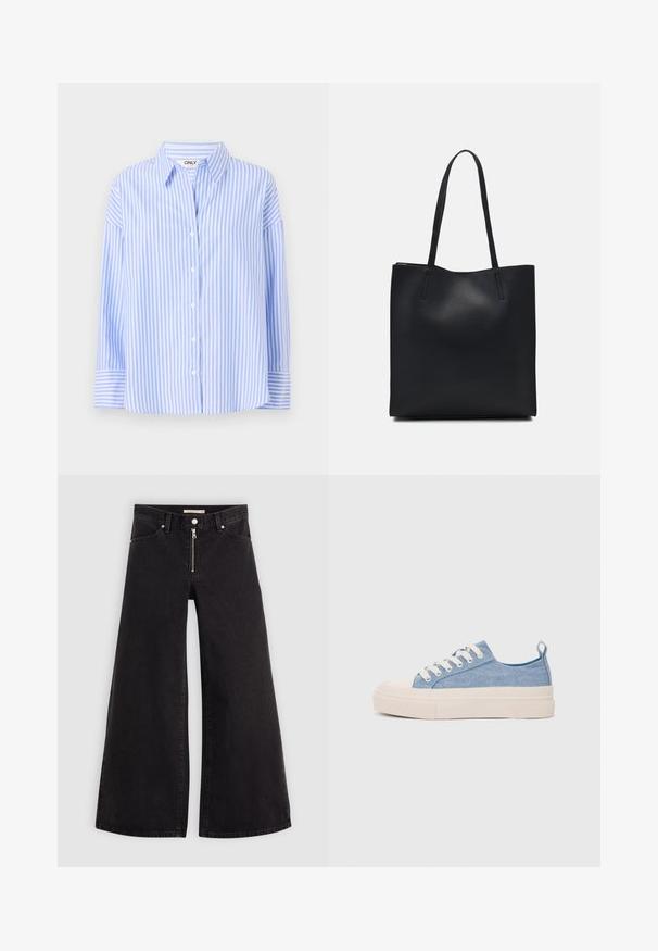 Kék és fehér csíkos gombos ing, galléros nyakkal és hosszú ujjal, laza fazonnal és sima szövettextúrával.; Fekete denim széles szárú farmer, cipzáros elejével, öt zsebes kialakítással és diszkrét varrással. Sima textúra és laza stílus.; Világoskék vászon sportcipők, krémszínű gumitippel és talppal, fehér fűzőkkel és egy húzófüllel a sarkán.; Fekete bőrtáska sima felszínnel, téglalap alakú, két hosszú füllel. Nincs látható fémkiegészítő vagy díszítés.