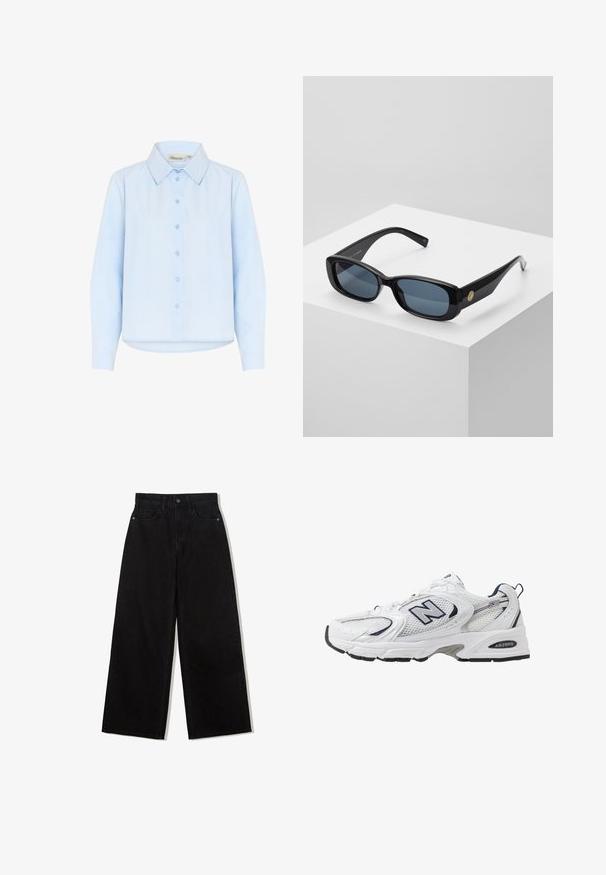 Svijetloplava košulja s kragnom, izrađena od glatkog pamuka. Ima prednje dugme za zatvaranje i duge rukave s zaobljenim rubom.; Črne široke kavbojke iz denima z visokim pasom, ki imajo pet žepov in en gumb za zapiranje spredaj.; Bele športne copate z mrežasto zgornjimi deli, mornarskimi naglasnimi barvami in oblazinjeno podplatom. Vključujejo logotip "N", vezalke in teksturirane detajle na strani.; Črne pravokotne sončna očala s modrimi zatemnjenimi lečami, debelimi okvirji in zlatim krožnim okrasom na strani. Eleganten, sijoč zaključek.