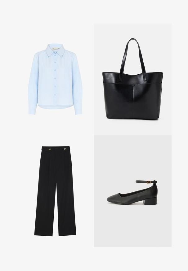 Šviesiai mėlynas pasijonine marškiniai, pagaminti iš lygaus medvilnės. Turintys priekinį mygtukų užsegimą ir ilgomis rankovėmis su apvaliu apdaila.; Juodi plačios kojos kelnės su aukštu liemeniu, sagų detalėmis ant liemens ir priekinėmis raukšlėmis.; Juodas odinis aukštakulnis batelis su smailiu pirštu ir žemu bloku. Su kulkšnies dirželiu su auksinės spalvos sagtimi. Lygus paviršius.; Juoda odinė rankinė su dviem ilgais diržais, lygiu paviršiumi ir struktūrizuota forma. Yra priekinė kišenė papildomam saugojimui.