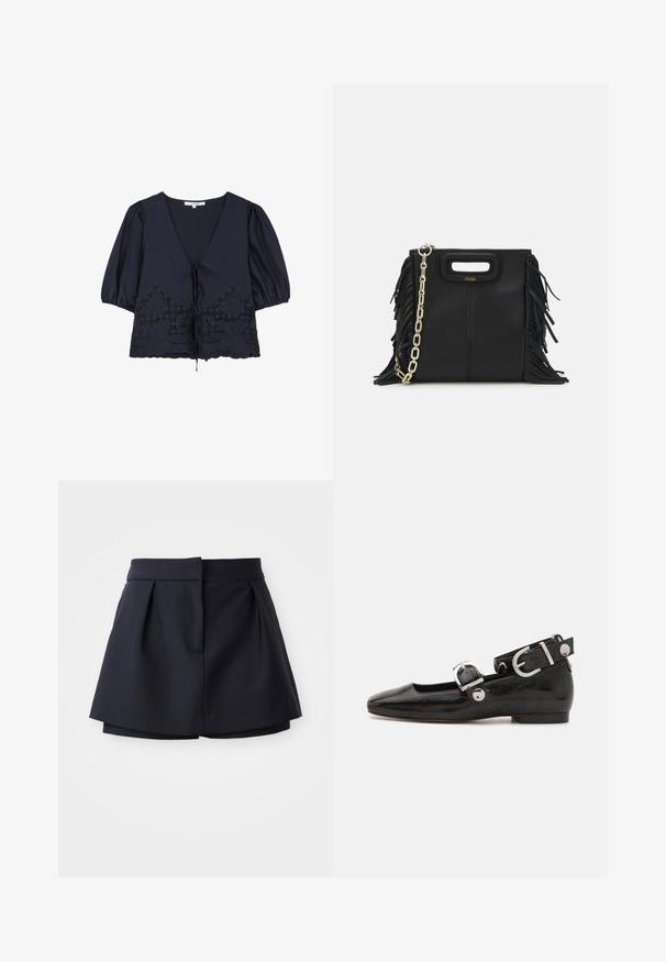 Marineblauwe blouse met een V-hals, pofmouwen en een koord in de taille. Bevat bloemenborduurwerk en geschulpte randen aan de onderkant.; Marineblauwe geplooide shorts met een hoge taille, gemaakt van een soepele stof. Heeft een getailleerd ontwerp en een verborgen voorkeurszak.; Zwarte gepatineerde leren platte schoen met een vierkante neus, enkelband met zilverkleurige hardware en platte zool. Gladde textuur met minimalistisch ontwerp.; Zwarte leren handtas met franjes, gouden schouderband van schakels en een uitsnijding in de handgreep. Heeft het logo prominent aan de voorkant.