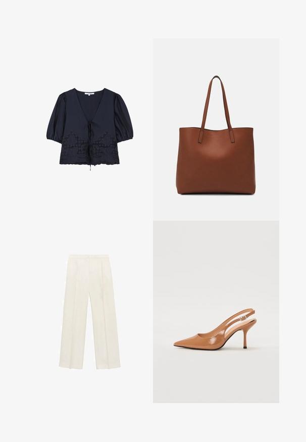 Laivastonsininen paita, jossa on V-pääntie, puffihihat ja kiristysnarut vyötäröllä. Koristeltu kukkaembroideryllä ja reunan kaarevilla reunuksilla.; Valkoiset leveälahkeiset housut vaaleassa kermassa. Valmistettu sileästä kankaasta, jossa on laskokset edessä ja sivutaskut.; Korkokenkä, jossa on terävä kärki ja avonainen kanna, valmistettu sileästä, kiiltävästä ruskeasta materiaalista. Sisältää kaarevan leikkuun muotoilun ja hoikan stilettokannan. Hopeinen solkiyksityiskohta.; Ruskea nahkainen olkalaukku, jossa on sileä pinta, avoin yläosa ja kaksi olkahihnaa. Omaavat vain minimaalisen ompelun eikä näkyvää metalliosaa.