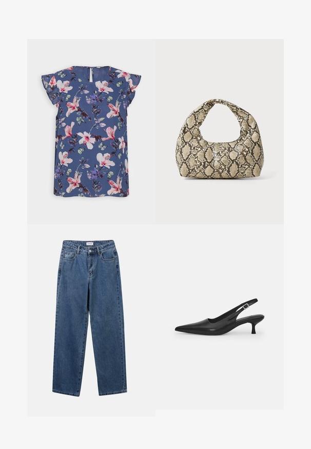 Blusa floreale blu con maniche corte e volant, decorata con fiori rosa e bianchi, foglie verdi e piccole farfalle su un tessuto leggero.; Jeans in denim blu classico con design a gamba dritta, cinque tasche e chiusura con bottone. Presentano un lavaggio medio e una trama robusta.; Scarpa slingback nera in pelle con punta affusolata e tacco sottile e curvato. Presenta una discreta fascia regolabile con una fibbia in metallo.; Borsa a stampa rettile con manico curvo. Realizzata in materiali testurizzati beige e marroni, presenta un distintivo motivo a rombi.