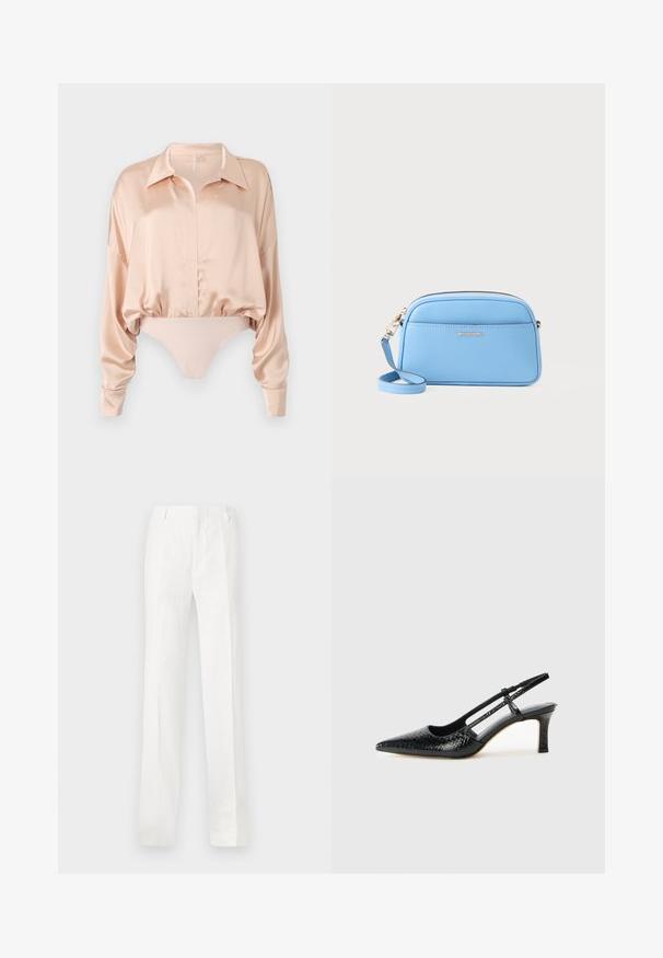 Norma Kamali SUPER OVERSIZED SHIRT BODYSUIT - Πουκαμίσα με κουμπιά - baby; Λευκό παντελόνι με ίσια γραμμή, φτιαγμένο από ελαφρύ ύφασμα. Διαθέτει φλυτό μπροστινό μέρος, θηλάκια για ζώνη και δεν έχει ορατά σχέδια ή διακοσμήσεις.; Μαύρη πατέντα σλινγκμπάκ γόβα με μυτερή μύτη, διαθέτει υφή από φίδι, ρυθμιζόμενο λουρί και κοντή, υφή τετράγωνη φτέρνα.; Φωτεινό μπλε δερμάτινο τσάντα σώματος με χρυσές λεπτομέρειες, κλείσιμο με φερμουάρ και μπροστινή τσέπη. Διαθέτει ρυθμιζόμενο λουράκι για ευκολία.