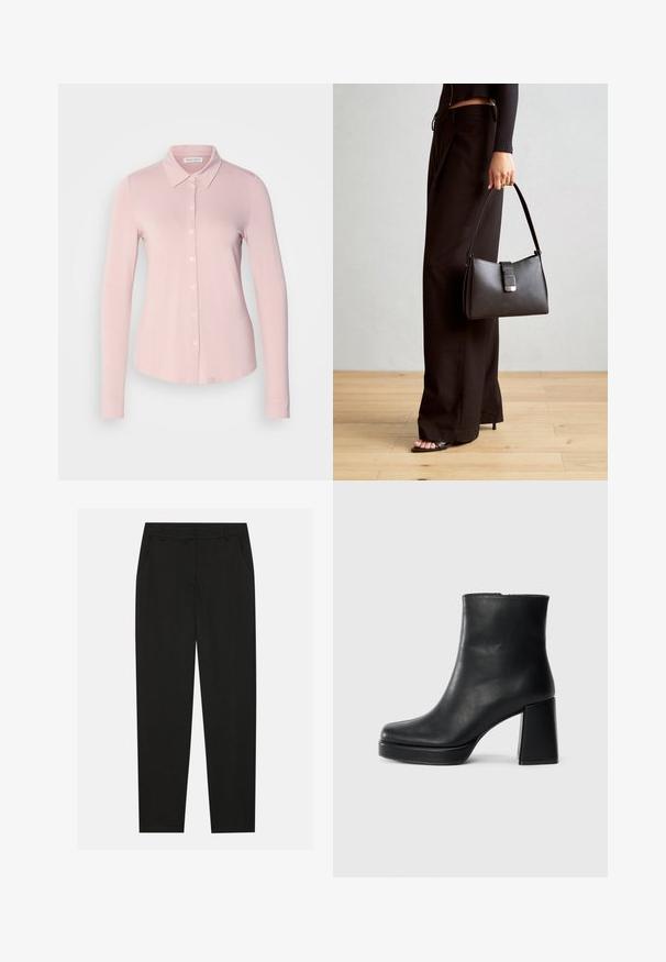 Light pink long-sleeve shirt with a collared neckline, six-button placket, and fitted design, made from soft, stretchy material.; Black trousers with a tailored design, featuring side pockets and a straight leg. Made from smooth, lightweight fabric with a sleek finish.; Black leather ankle boot with a block heel and platform sole, viewed from the side on a plain white background.; Black handbag with structured shape, smooth texture, and a metallic clasp. Paired with wide black pants and open-toe sandals on wooden floor.