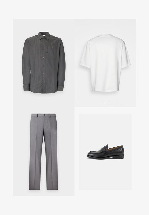 Pilkas dryžuotas ilgomis rankovėmis marškinys su mygtukų apykakle ir krūtinės kišene, turintis mažus mygtukus ir tekstūruotą audinį.; Balta trumpa rankovėmis marškinėliai, laisvas kirpimas, apvalus iškirpimas, lygaus džinsinio audinio, nepuošta nugara, tiesiai kraštu, be raštų ar akcentų.; Pilkos pritaikytos kelnės su plokščiu priekiu, dviem šoninėmis kišenėmis ir vienu mygtuko užsegimu. Lygi tekstūra su subtiliu dryželiu.; Juodi odiniai loafersai su lygiu paviršiumi, apvaliu pirštu ir dekoratyvine siūlė viršuje. Žemas sustiprintas kulnas ir lengvas blizgesys.
