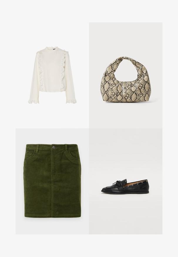 Balta bluzė su ilgomis rankovėmis, turinti aukštą kaklą, apvadu su danteliais priekyje ir ant rankovių, bei lygią, tekstūruotą medžiagą.; Tamsiai žalia kordūrojo sijonas tiesiu virkščiu, su penkių kišenių dizainu ir metaliniu mygtuko uždarymu juosmens srityje.; Juodi odiniai loafai su surišta mazgeliu, su auksinėmis akytėmis šoninėse dalyse ir plokščiu guminiu padu. Lygus paviršius, klasikinis dizainas.; Gyvatės rašto rankinė su kreiviu rankenėle. Pagaminta iš tekstūruotų smėlio ir rudos spalvos medžiagų, su išskirtiniu rombo raštu.