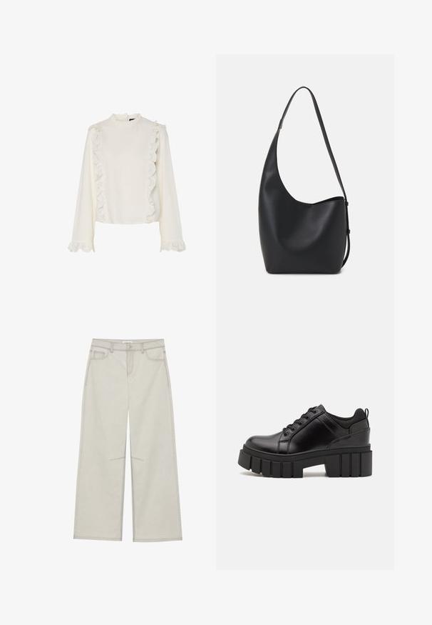 Hvid bluse med lange ærmer, der har en høj hals, scalloperet blondekant langs fronten og ærmerne samt et glat, struktureret stof.; Lysegrå bredbenede bukser med fem lommer, frontknaplukning og kontrastsyninger langs sømmen. Stoffet ser blødt og slidstærkt ud.; Sorte læder platform sko med en klodset blokhæl, rund tå og traditionelt snøredesign. Har en glat tekstur og minimal detaljering.; Sort læder hobo taske med en glat overflade, buet form og en enkelt justerbar rem; har en bred åbning øverst.