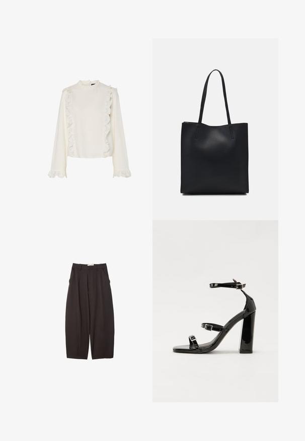 Bílá blůza s dlouhými rukávy, s vysokým límcem, ozdobená vlnkovanou krajkovou aplikací na přední části a rukávech, vyrobená z hladké texturované látky.; Černé široké kalhoty vyrobené z hladkého materiálu, s vysokým pasem, předními sklady a bočními kapsami. Jednoduchý design bez ozdob.; Černé lakované sandály na podpatku se čtveratou špičkou, lýtkovými pásky a stříbrnými přezkami. Disponují masivním blokovým podpatkem pro stabilitu.; Černá kožená taška přes rameno s hladkým povrchem, obdélníkovým tvarem a dvěma dlouhými uchy. Žádné viditelné kování ani ozdoby.