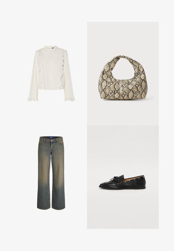 Bluză albă cu mâneci lungi, având un guler înalt, dantelă ondulată pe față și pe mâneci, și un material neted, texturat.; Jeans din denim albastru cu picioare largi, cu un gradient de la deschis la închis, design cu cinci buzunare și sistem de închidere cu buton. Detalii cusute pe margini.; Mocasini din piele neagră cu fundiță legată, având accente aurii sub formă de ochiuri pe laterale și o talpă plată din cauciuc. Textură netedă, design clasic.; Geantă cu imprimeu de șarpe, având un mâner curbat. Fabricată din materiale texturate, bej și maronii, cu un model distinctiv în formă de diamant.