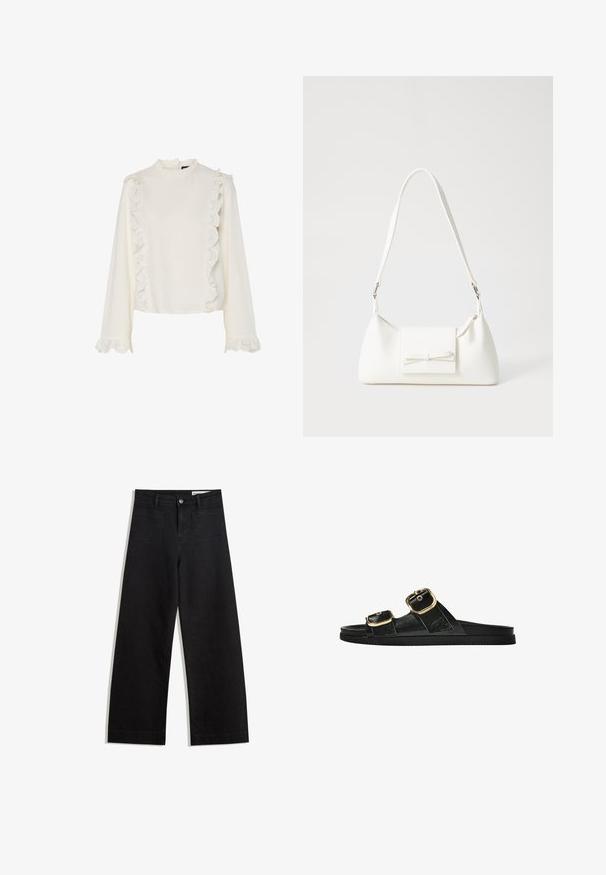 White blouse with long sleeves, featuring a high neck, scalloped lace trim along the front and sleeves, and a smooth, textured fabric.; Black wide-leg denim pants with a high waist, featuring front and back pockets, stitched seams, and a button closure. Smooth texture.; Black slide sandal with two gold buckle accents, smooth textured material, flat sole, and a minimalist design.; White synthetic handbag with a triangular shape, flat front flap and bow detail, adjustable strap, smooth texture, and minimalistic design.