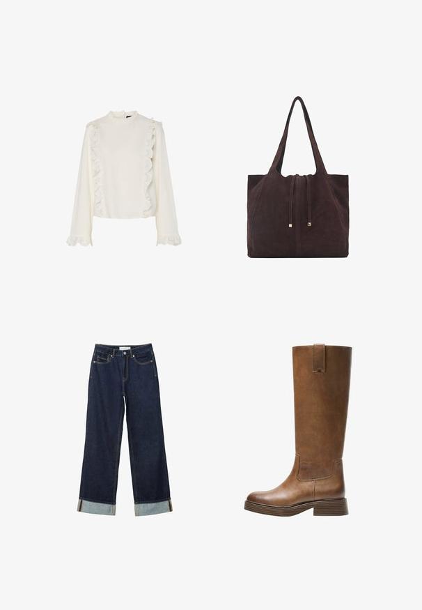 Valkoinen paita pitkillä hihoilla, jossa on korkea kaulus, aaltoileva pitsireunus edessä ja hihoissa sekä sileä, teksturoitu kangas.; Tummansinisiä leveälahkeisia farkkuja, joissa on korkea vyötärö, käännetyt lahkeet, kontrastiväriset ompeleet ja viisi taskua. Valmistettu denim-kankaasta.; Kahvipronssinen polvipituinen saapas, jossa on pyöristetty kärki, teksturoitu pinta ja matala pinoheijastin. Varressa on sivupaneeli ja vetotappi ylhäällä.; Mango Shopping bag - dark brown