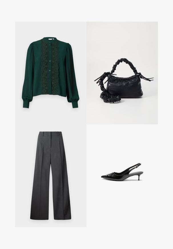 Sötétzöld blúz magas gallérral és teljes ujjakkal. Az elején csipkés panel található, amelyet gombok és puha textúra egészít ki.; Széles szárú nadrág sötétszürke anyagból, magas derekú, egyes redőkkel, sima textúrával és tiszta befejezéssel a szegélyeken.; Fekete bőrből készült, pántos magassarkú cipő hegyes orral, alacsony cicás sarokkal, és fodros részlettel a lábfején. Simább felület és minimalista design.; Fekete műbőr kézi táska krokodil bőr textúrával, összehúzható tetejű és gyűrt pánttal. Lágy és kompakt dizájnúnak tűnik.