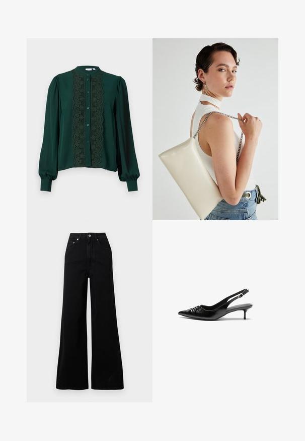 Mörkgrön blus med hög krage och fulla ärmar. Har en spetspanel nedtill framtill, kompletterad med knappar och en mjuk textur.; Svarta jeans med vida ben i denim, med hög midja, fem fickor, knäppning framtill och minimalistiska söm-detaljer.; Svarta läder slingback klackar med spetsig tå, liten kittenklack och en dekorativ knutdetalj på framsidan. Slät textur hela vägen.; Vitt rektangulärt clutch-väsk i glänsande material, med en kedjesnor i silver. Modellen poserar och visar upp väskan mot en neutral bakgrund.
