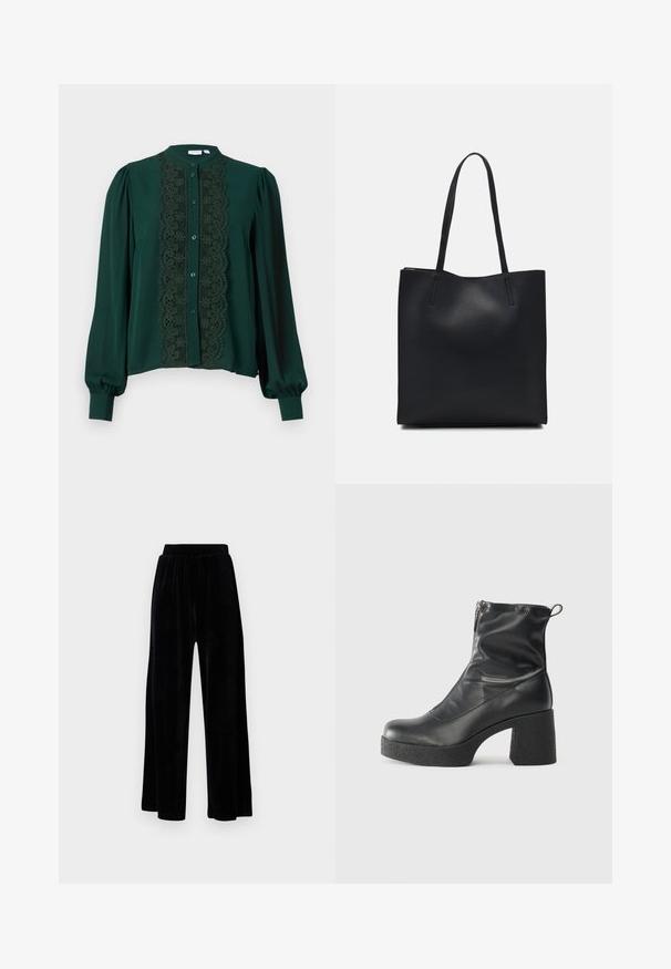 Sötétzöld blúz magas gallérral és teljes ujjakkal. Az elején csipkés panel található, amelyet gombok és puha textúra egészít ki.; Fekete, széles szárú nadrág puha velúrból, rugalmas derékkal és sima textúrával, látható díszítés vagy mintázat nélkül.; Fekete bokacsizmák sima bőrből, oldalsó cipzárral, vastag, texturált sarkú és lekerekített orrú dizájnnal.; Fekete bőrtáska sima felszínnel, téglalap alakú, két hosszú füllel. Nincs látható fémkiegészítő vagy díszítés.