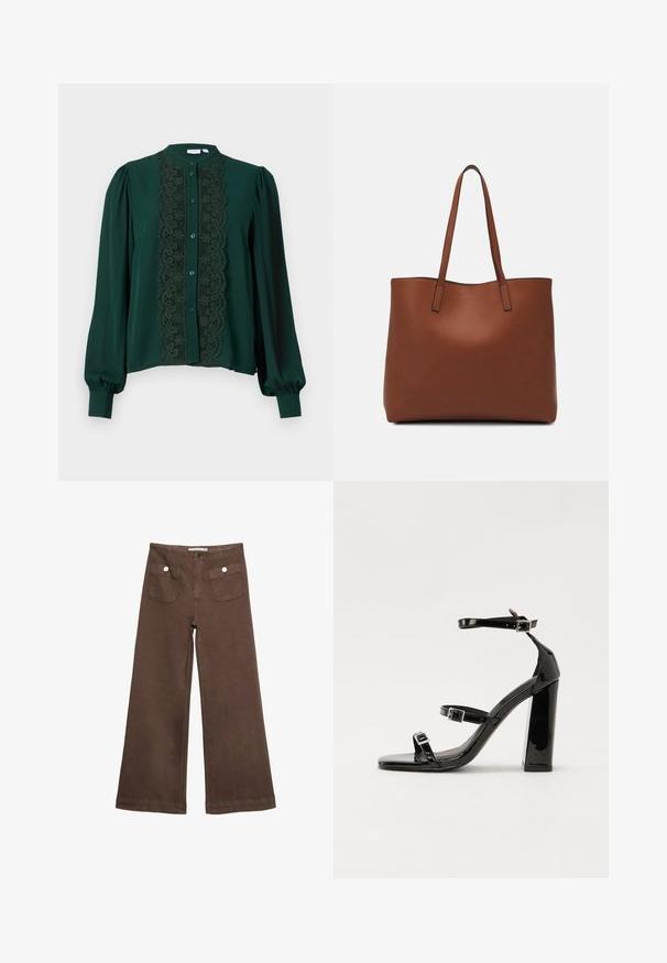 Temno zelena bluzica z visokim ovratnikom in polnimi rokavi. Ima čipkast panel spredaj, dopolnjen s gumbi in mehko teksturo.; Svetlo rjave široke hlače iz bombaža, ki vključujejo dva sprednja žepa s srebrnimi gumbi in gladko teksturo.; Črne lakaste sandale z visokimi petami, z dvema trakovoma z zaponkama, kvadratnim sprednjim delom in masivno širšo peto, z gladko, sijočo teksturo.; Rjava usnjena torba z gladko teksturo, odprto zasnovo zgoraj in dvema naramnima trakovoma. Opremljena je z minimalnim šivanjem in brez vidnih kovinskih delov.