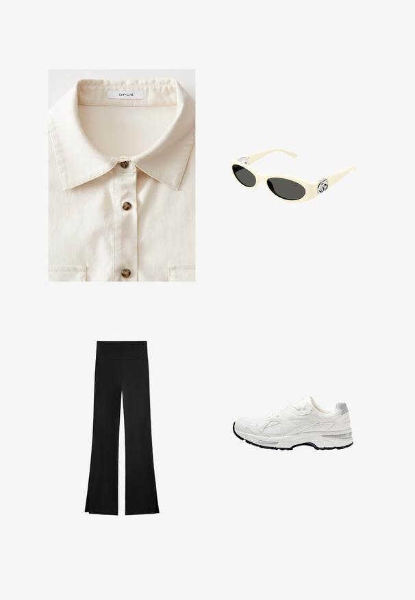 Camicia crema con colletto strutturato, dotata di cinque bottoni marroni scuri e una tasca sul petto, realizzata in un tessuto liscio.; Pantaloni neri con una linea a gamba larga, dotati di una vita alta e fessure laterali per facilitare il movimento. Realizzati in un tessuto morbido ed elasticizzato.; Scarpa da ginnastica bianca con tomaia in mesh e sintetico, caratterizzata da superfici testurizzate, colletto imbottito e suola nera. Design con lacci e dettagli discreti.; Occhiali da sole color crema con lenti ovali, tonalità nera e accenti metallici con logo alle tempie. Texture liscia, design a occhio di gatto.