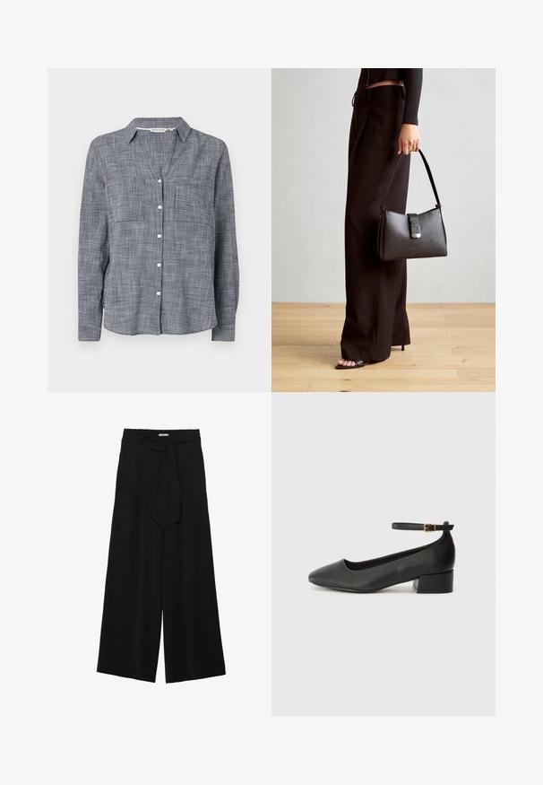 Cămașă cu nasturi, dintr-un material țesut de culoare bleumarin cu alb, cu guler, două buzunare pe piept și mâneci lungi cu mansete cu nasturi.; Pantaloni largi negri dintr-un material texturat, cu un tiv elastic și o panglică detașabilă la talie pentru un fit ajustabil.; Pantof cu toc negru din piele, cu vârf ascuțit și toc mic pătrat. Dispune de o curea la gleznă cu o cataramă în tonuri de aur. Textură netedă.; Genți negre cu o formă structurată, textură netedă și un închizător metalic. Asortată cu pantaloni negri largi și sandale cu vârf deschis pe un podea din lemn.