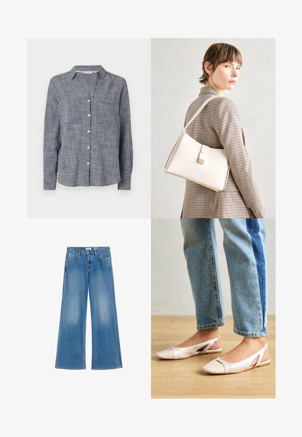 Chemise à boutons en tissu à carreaux navy et blanc, avec un col, deux poches poitrine et des manches longues avec des poignets à boutons.; Jean à jambes larges bleu clair en denim, avec une taille haute, des poches avant et une finition légèrement décolorée. Design classique à cinq poches.; Ballerines slingback rose pâle avec un bout pointu, fabriquées en un matériau semblable au cuir lisse. Présentent des découpes sur les côtés et un talon plat.; Sac à main en cuir blanc au design structuré, doté d'un fermoir magnétique et d'une bandoulière, présenté sur un fond neutre.