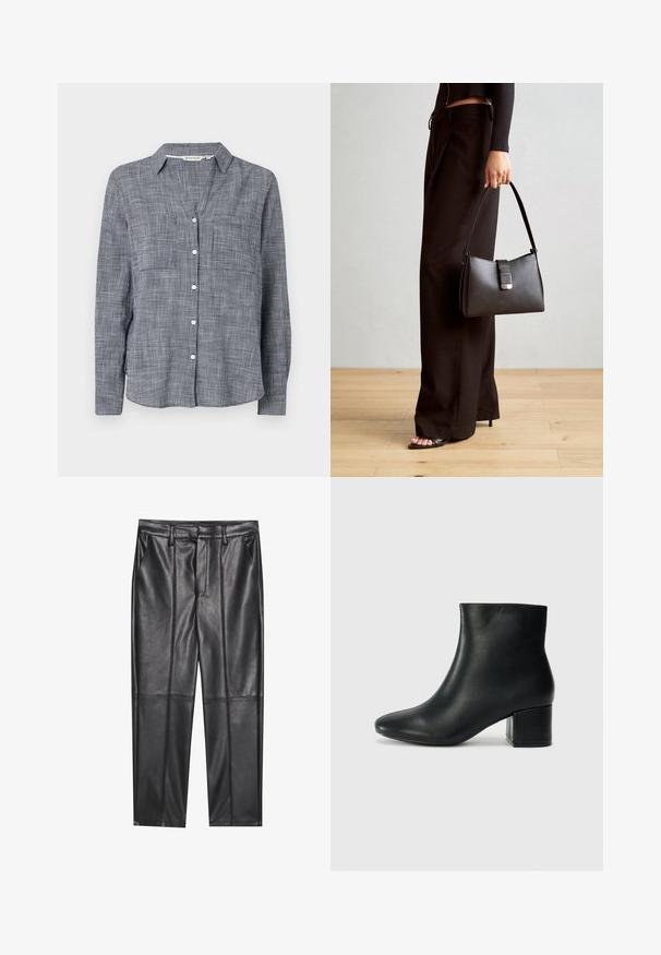 Knoopshirt in geweven marineblauw en wit ruitpatroon, met een kraag, twee borstzakken en lange mouwen met knoopmanchetten.; Zwarte leren broeken met een gladde textuur, voorzien van een rechte pasvorm, twee voorzakken en zichtbare naaddetail.; Zwarte leren enkellaarzen met een spitse neus en een chunky hak. Gladde textuur met minimale accenten en een slank, strakk ontwerp.; Zwarte handtas met gestructureerde vorm, gladde textuur en een metalen sluiting. Gecombineerd met brede zwarte broeken en sandalen met open teen op een houten vloer.