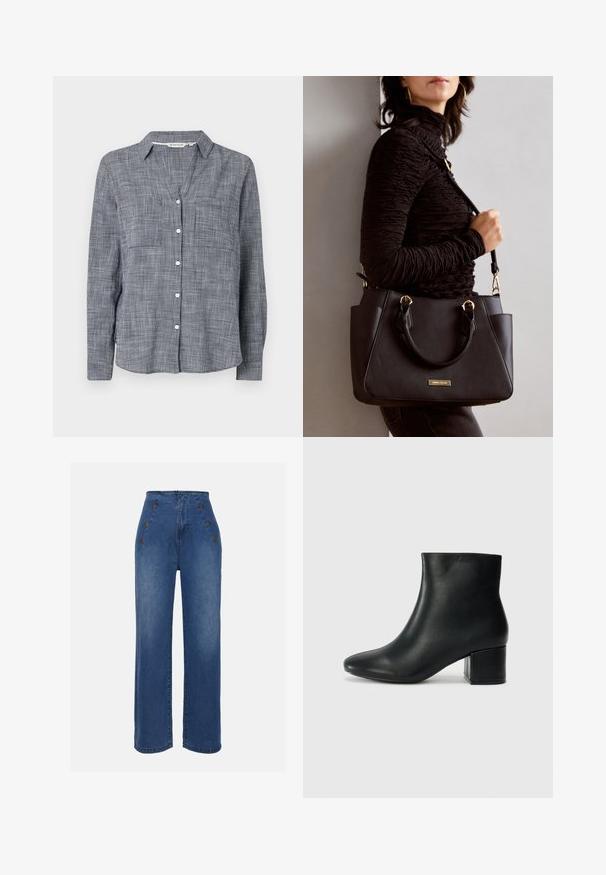 Button-up shirt in woven navy and white check pattern, featuring a collar, two chest pockets, and long sleeves with button cuffs.; High-waisted denim jeans in medium blue. Features front button accents and wide-leg design. Fabric has a smooth texture with slight fading.; Black leather ankle boots with a pointed toe and a chunky heel. Smooth texture with minimal accents and a sleek, fitted design.; Black handbag with textured surface, dual top handles, and adjustable shoulder strap. Features gold-tone hardware and side pockets.